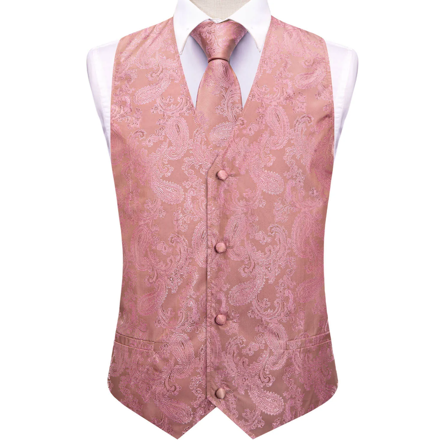 Hi-Tie Waistcoat Rose Pink Jacquard Paisley Mens Vest and Tie Set