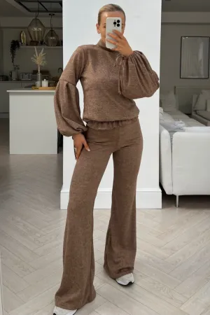 Honey camel high neck tie sleeve flared trouser loungewear set