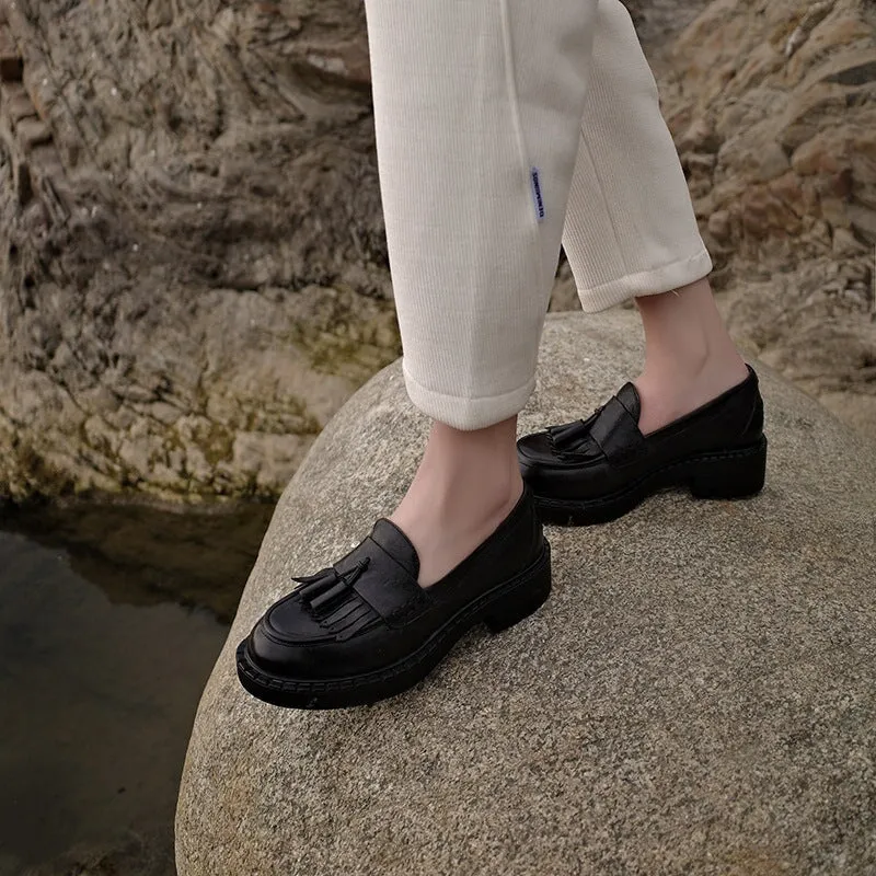 Horse Leather Loafers with Tassels Handmade Shoes in Black/Brown