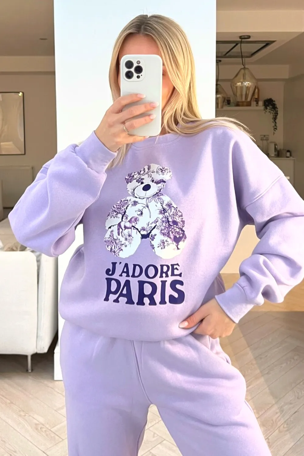 Jadore Paris lilac floral teddy printed sweater loungewear set