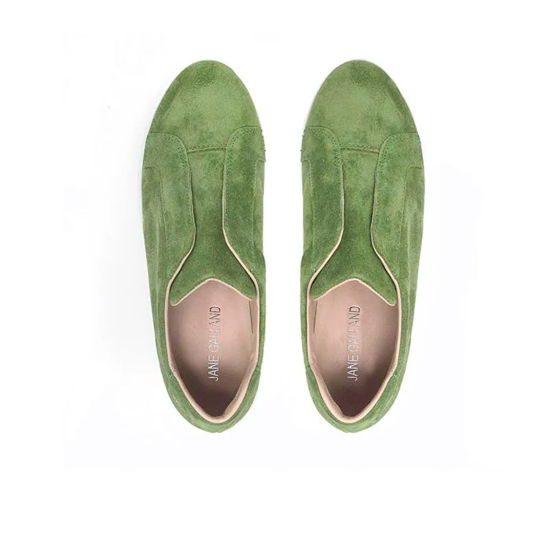 Jane Galland Green Suede Flatform Laceless Trainers