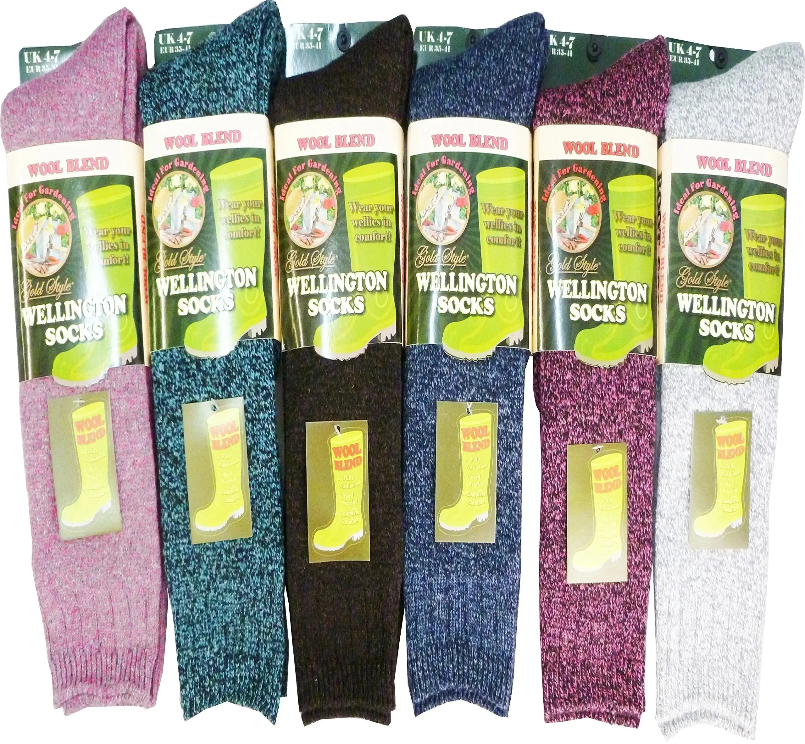 Ladies Wool Blend Wellington Socks - 3 Pair - Women's Long Welly Socks - The Original Wellie Sock - Festival Walking Hiking Thermal Socks - Assorted Colours - UK Shoe Size 4-7 EU 37-41