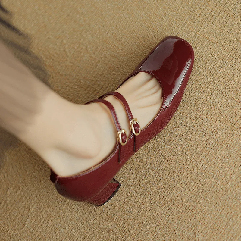 Leather Mary Jane Pumps Double Strappy Block Heel Office Shoes in Red/Black/Beige