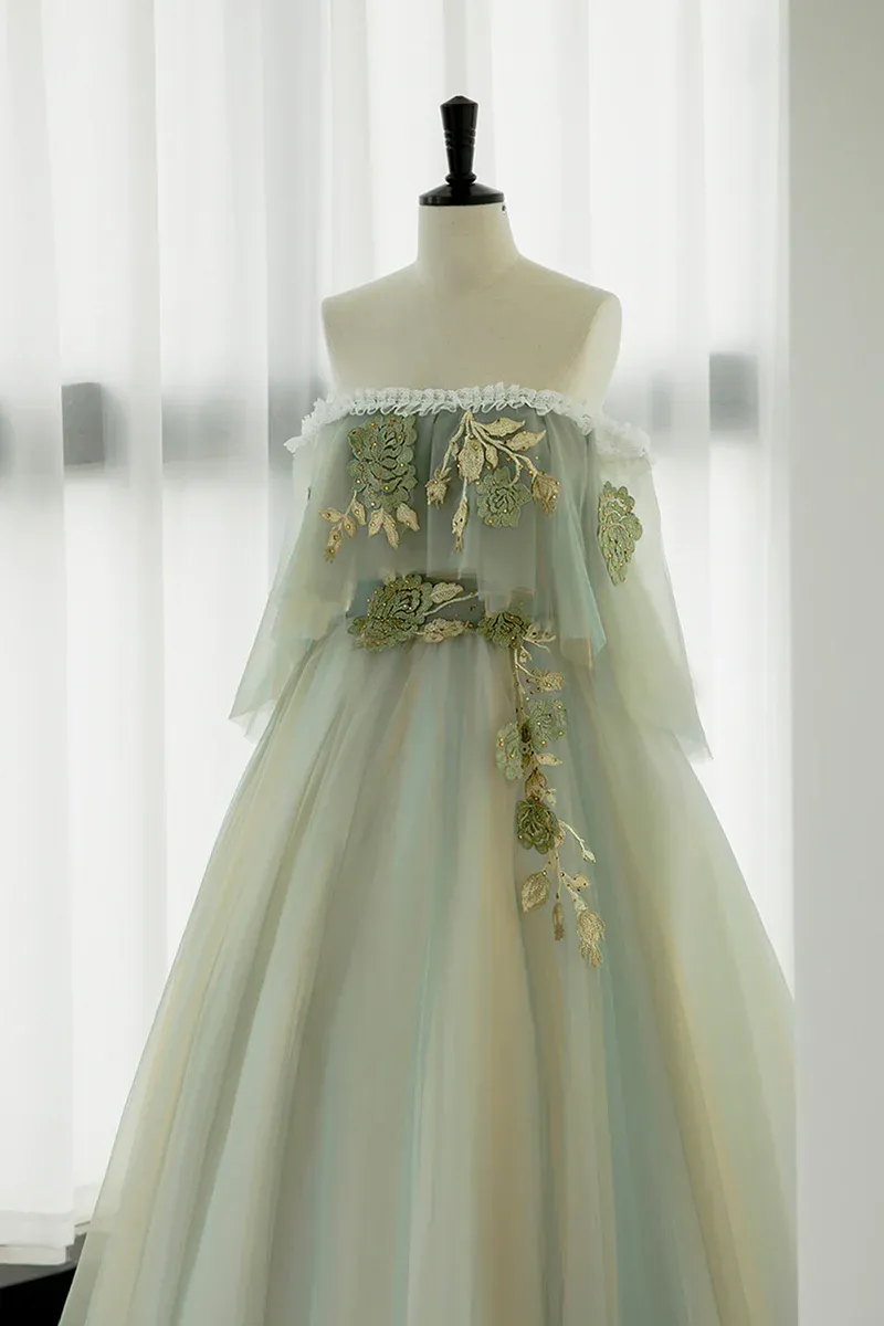 Light Green Scoop Off Shoulder A-line Tulle Prom Dress, Light Green Evening Dress