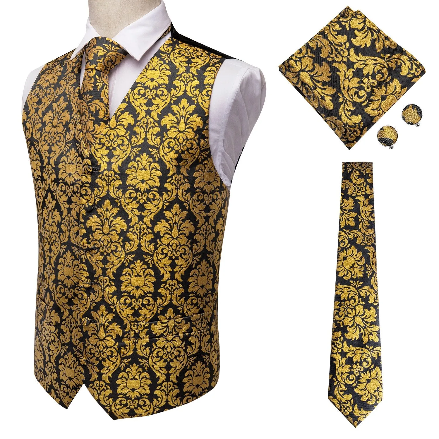 Luxury Black Golden Floral Jacquard Silk Men's Vest Hanky Cufflinks Tie Set Waistcoat Suit Set