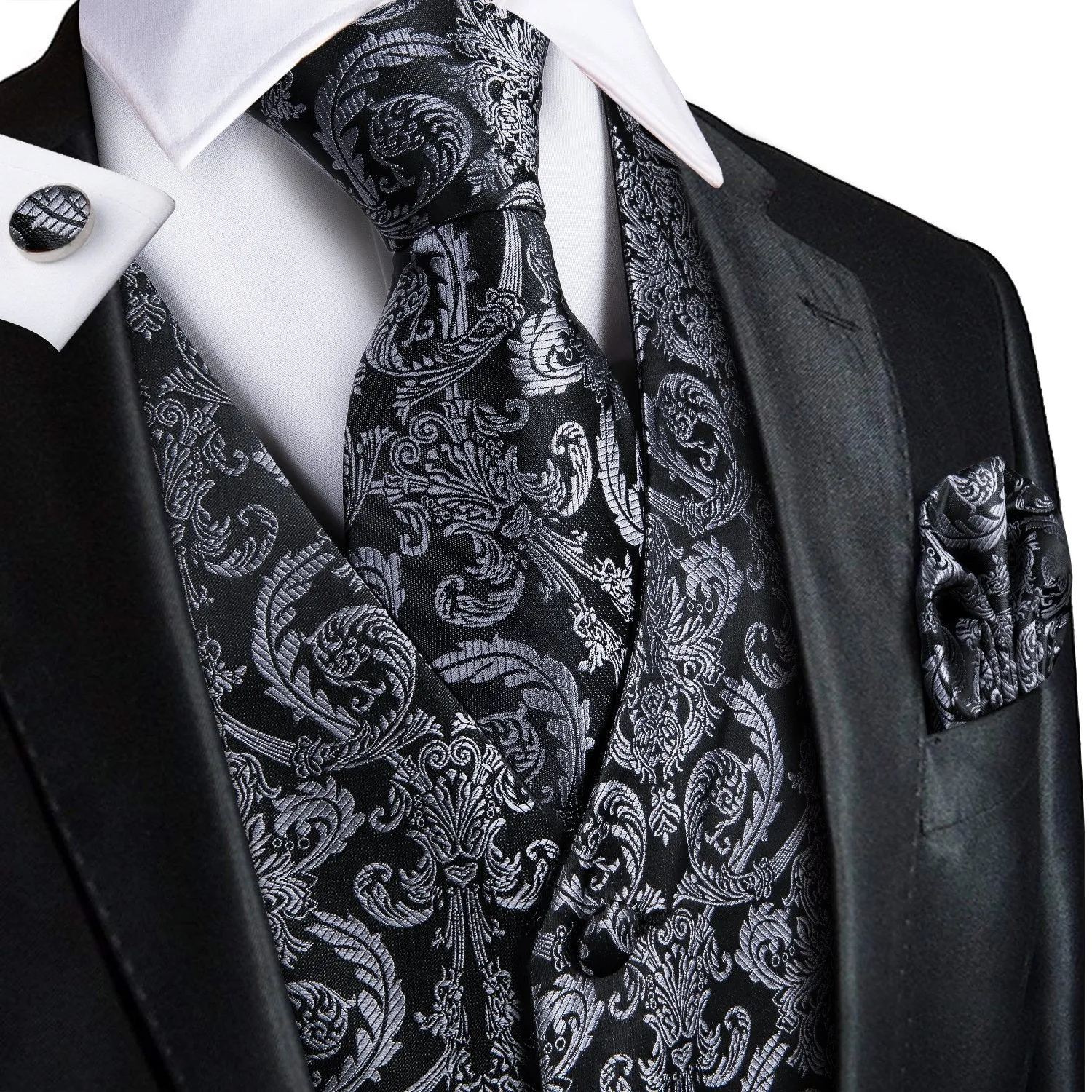 Luxury Black Grey Paisley Vest Tie Set