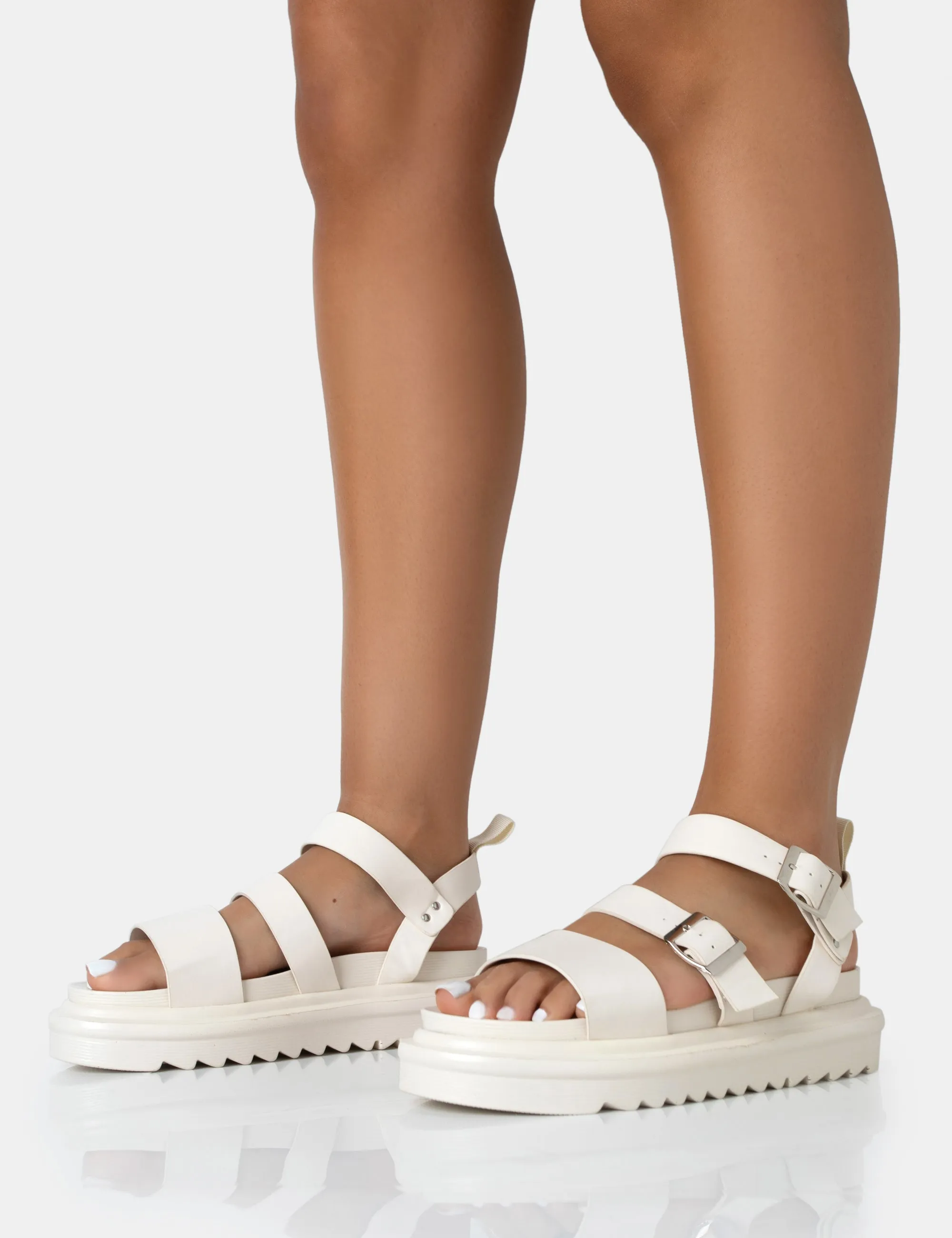 Macy Ecru PU Chunky Buckle Strap Sandals