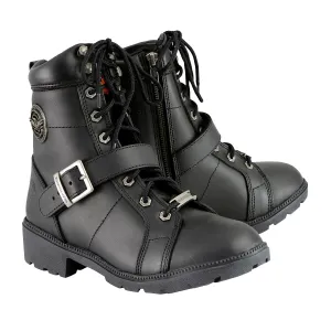 MBL9325 Women's Black Lace-Up Leather Boots with Side Zipper