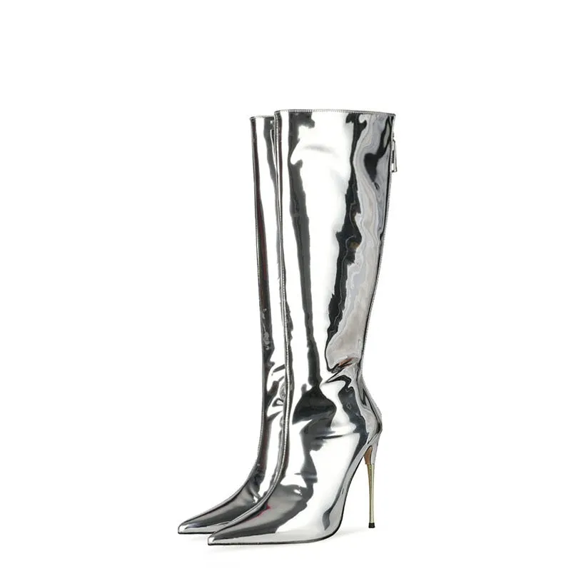 Metallic Patent Leather Thin Heels Knee-High Boots