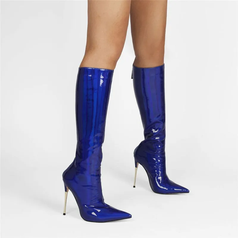 Metallic Patent Leather Thin Heels Knee-High Boots