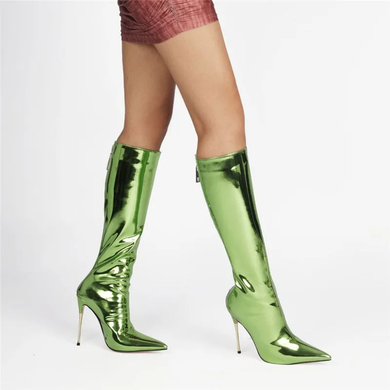 Metallic Patent Leather Thin Heels Knee-High Boots