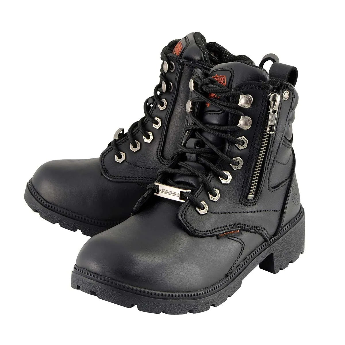 Milwaukee Leather MBL9321WP Women's Black Waterproof Lace-Up Boots with Side Zipper