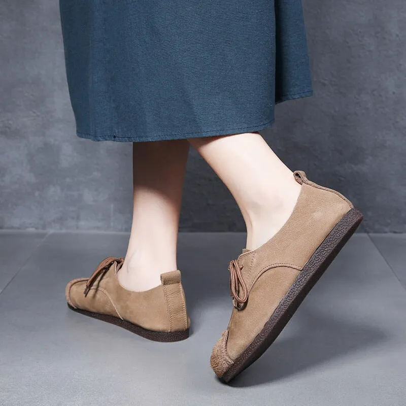 Mori Girl Style Handmade Soft Leather Lace Up Flats in Camel/Coffee