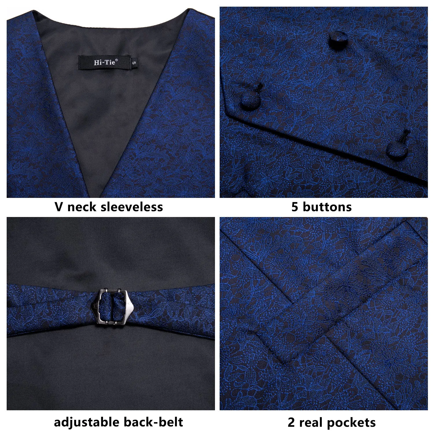 Navy Blue Floral Silk Men's Vest Hanky Cufflinks Tie Set Waistcoat Suit Set