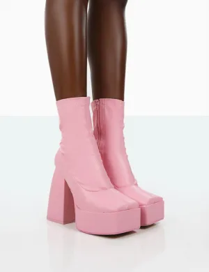 Own Thing Wide Fit Pink PU Chunky Platform Heel Block Ankle Boots