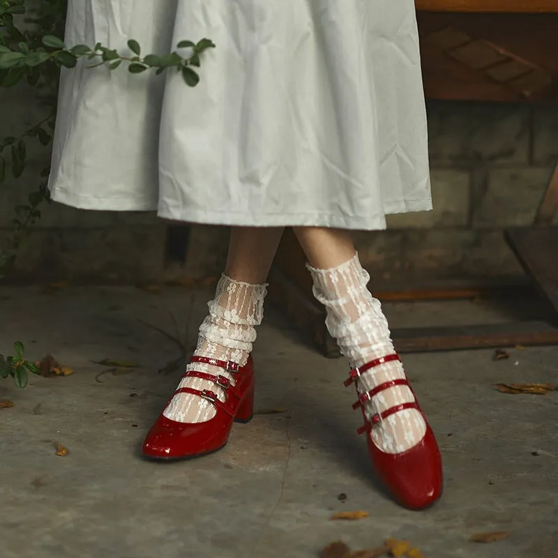 Patent Leather Mary Jane Pumps Triple-strap 40mm Block Heel in Red/Black/Wine Red