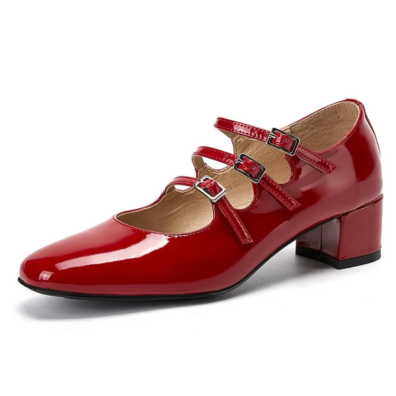 Patent Leather Mary Jane Pumps Triple-strap 40mm Block Heel in Red/Black/Wine Red