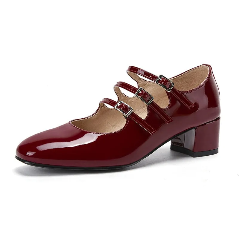 Patent Leather Mary Jane Pumps Triple-strap 40mm Block Heel in Red/Black/Wine Red