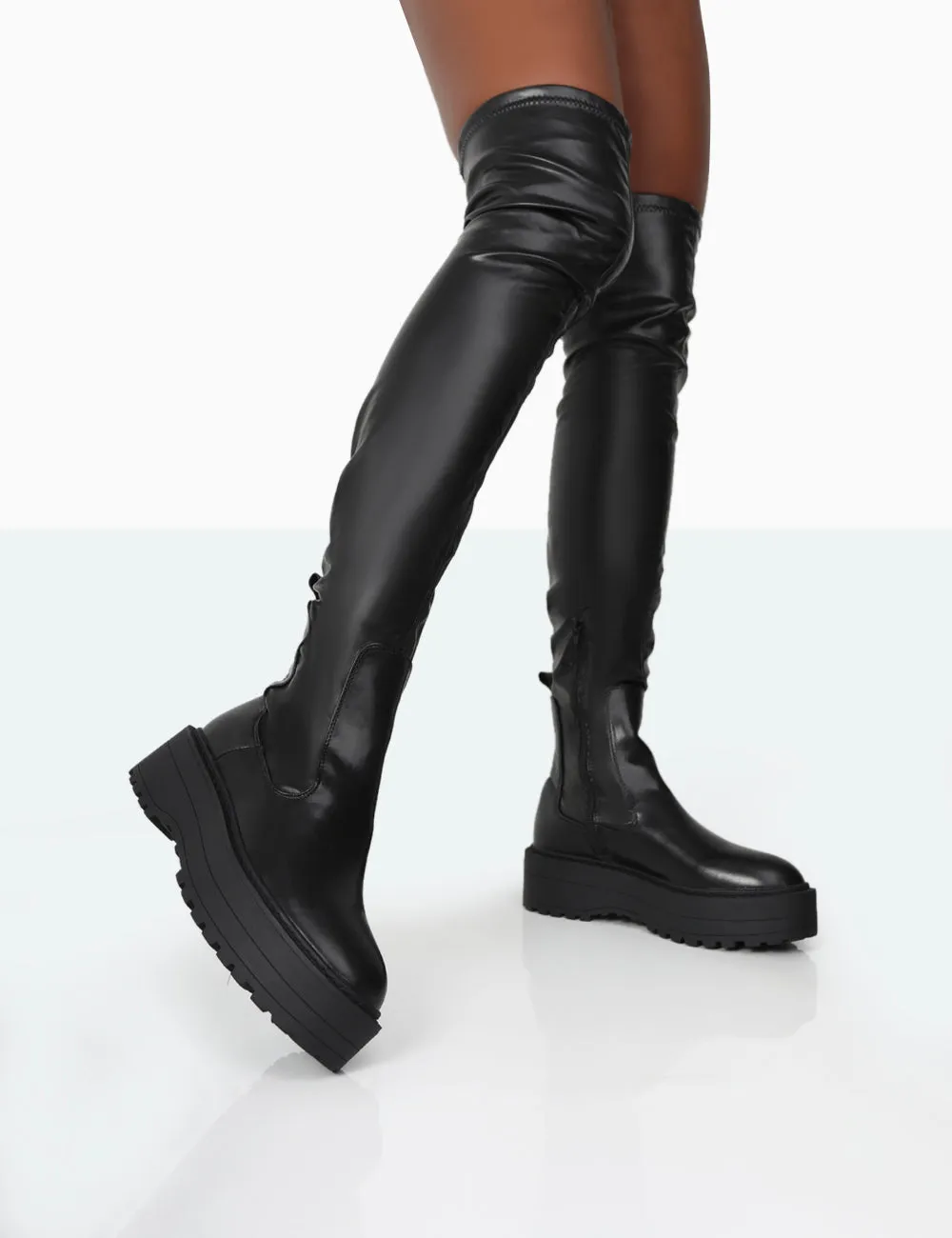 Pheonixe Black Pu Chunky Sole Round Toe Over The Knee Boots