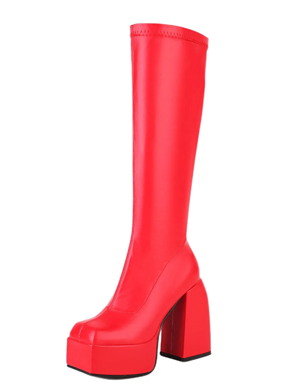 Platform Knee High Stretch Boots Sqaure Toe Chunky Heels