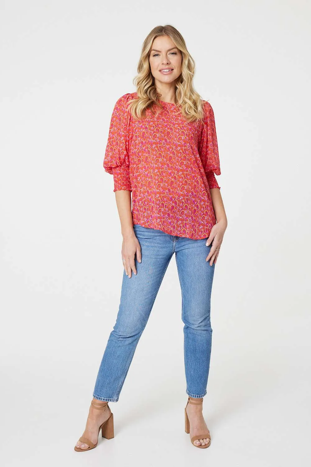 Printed 3/4 Puff Sleeve Blouse