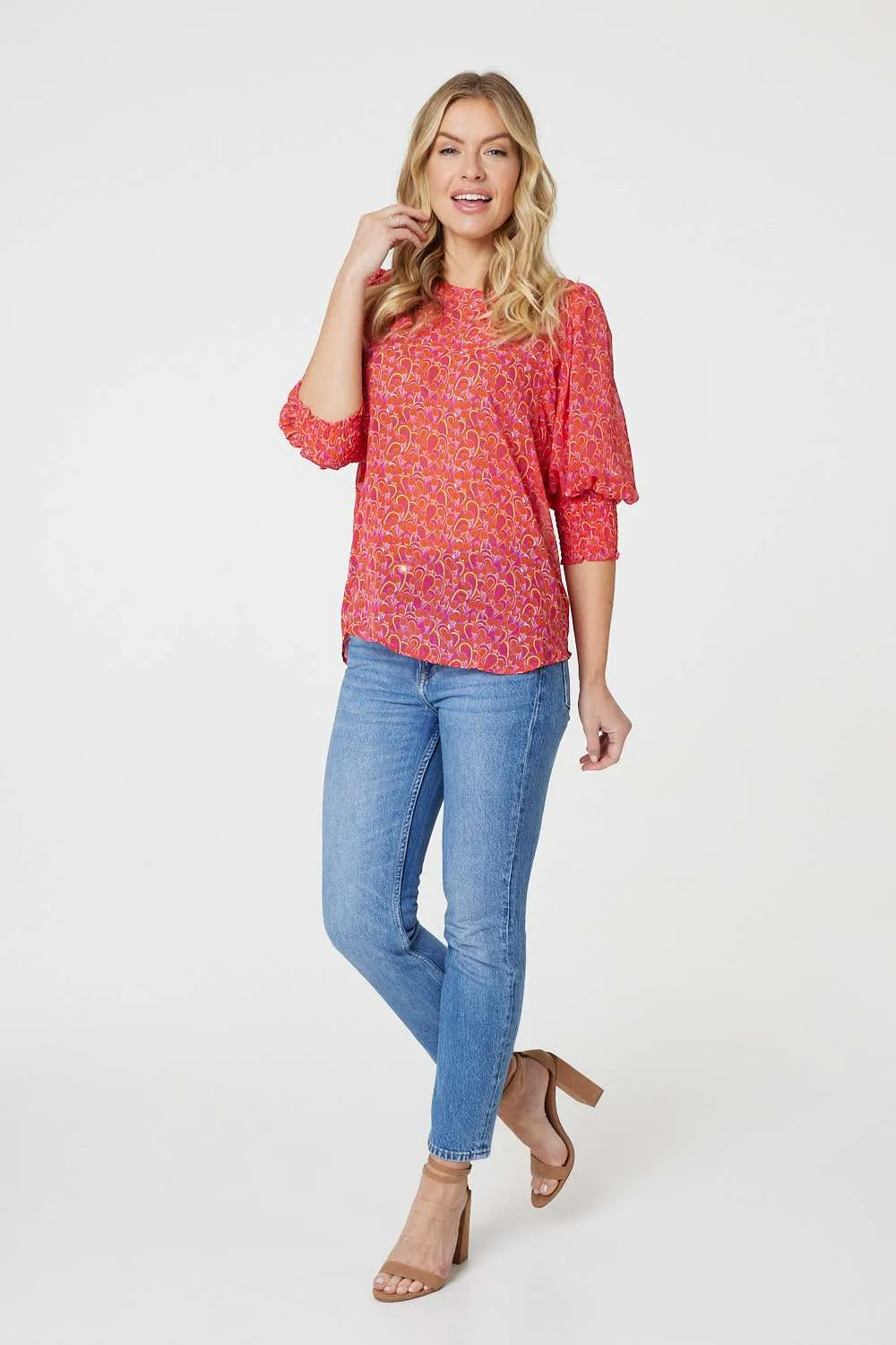 Printed 3/4 Puff Sleeve Blouse