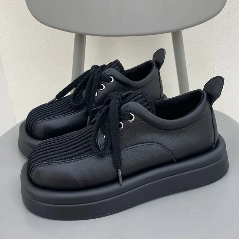 Purpdrank - Female British Japanese Wild Retro Leather Shoes Wild Thick High Heel Retro Work Shoes Sponge Cake Low Lace Up Single Shoes