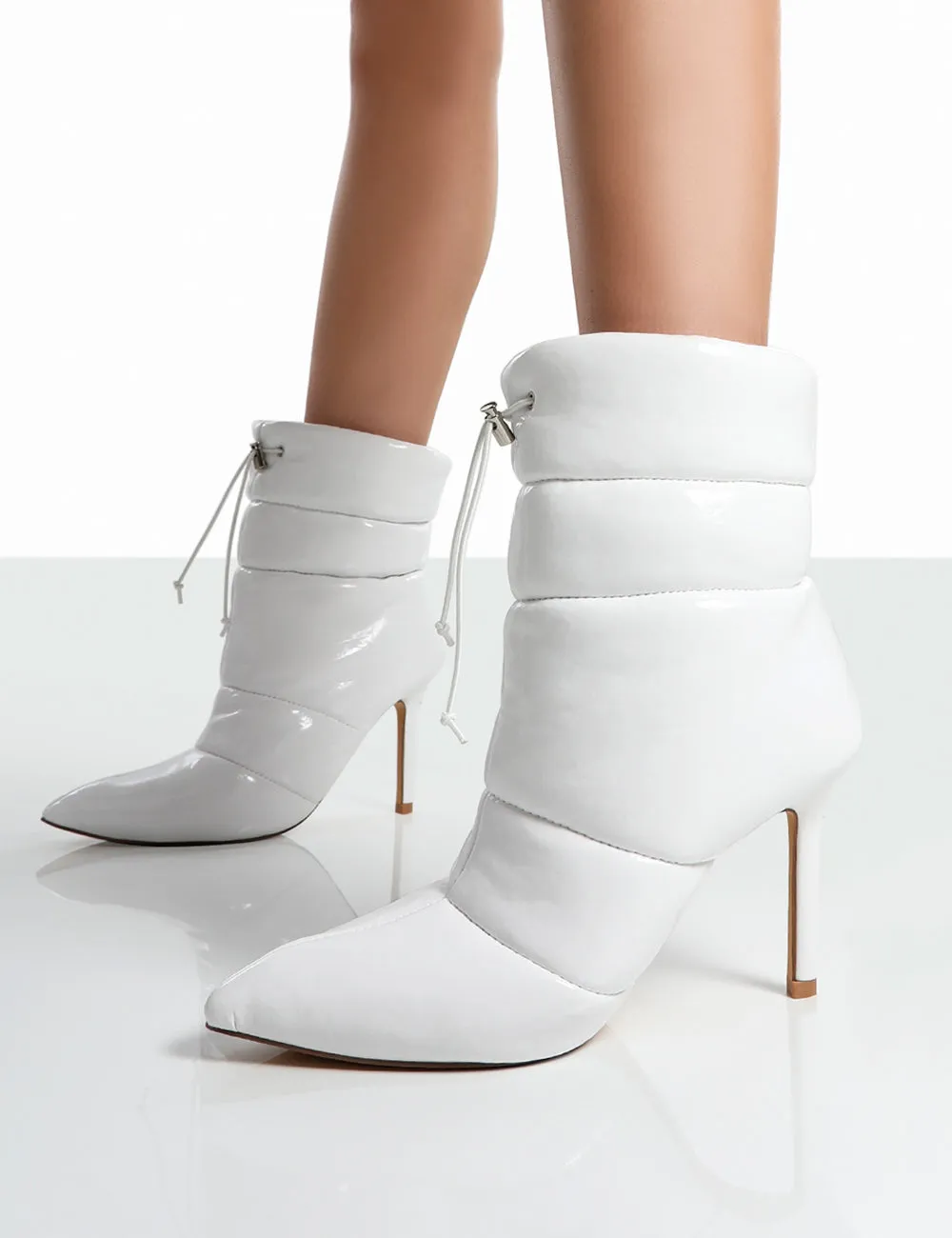 Reset White Patent Puffer Drawstring Stiletto Heeled Boots