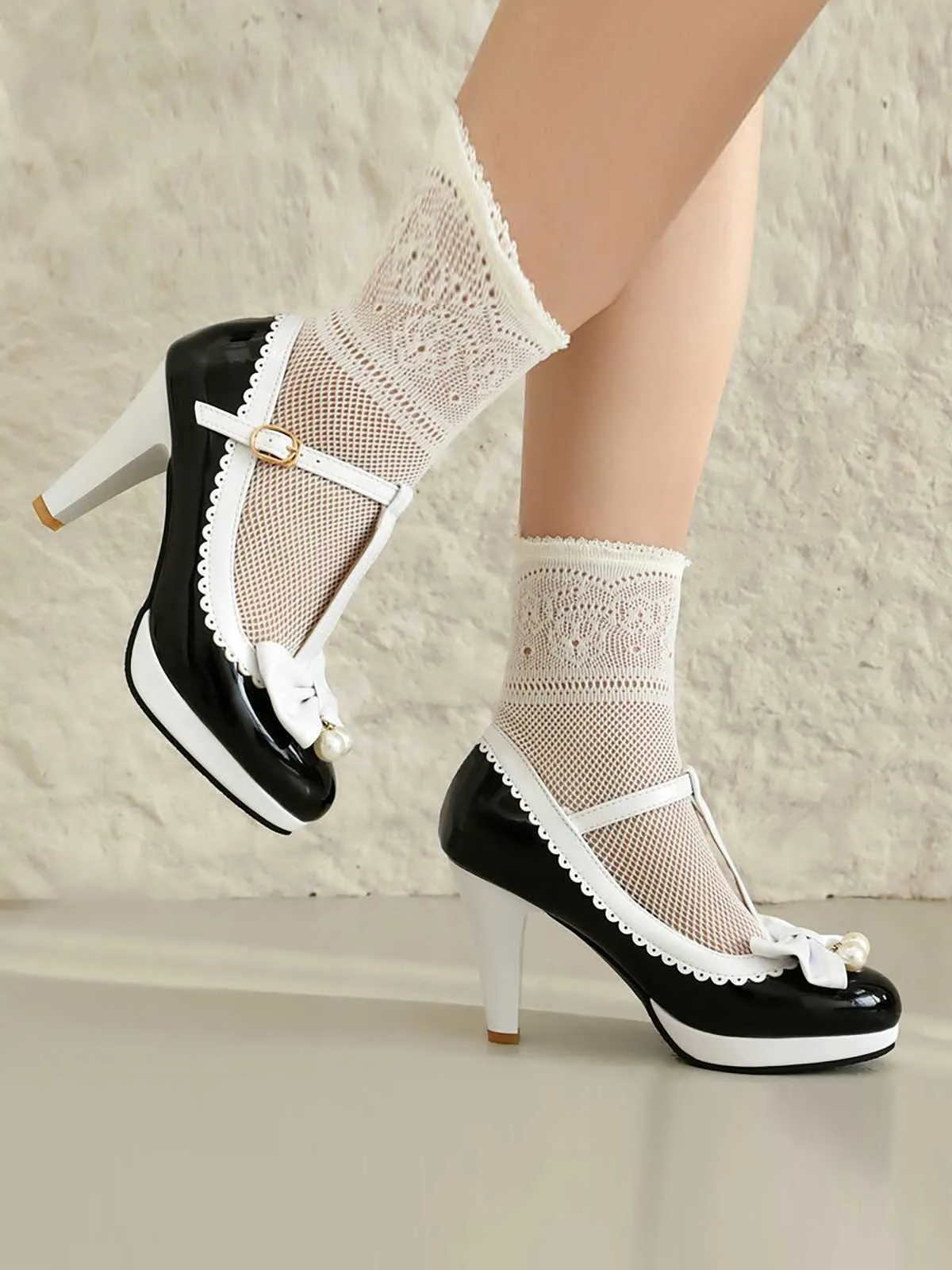 Retro Bow Pearl T-Strap Contrast High Heels Shoes