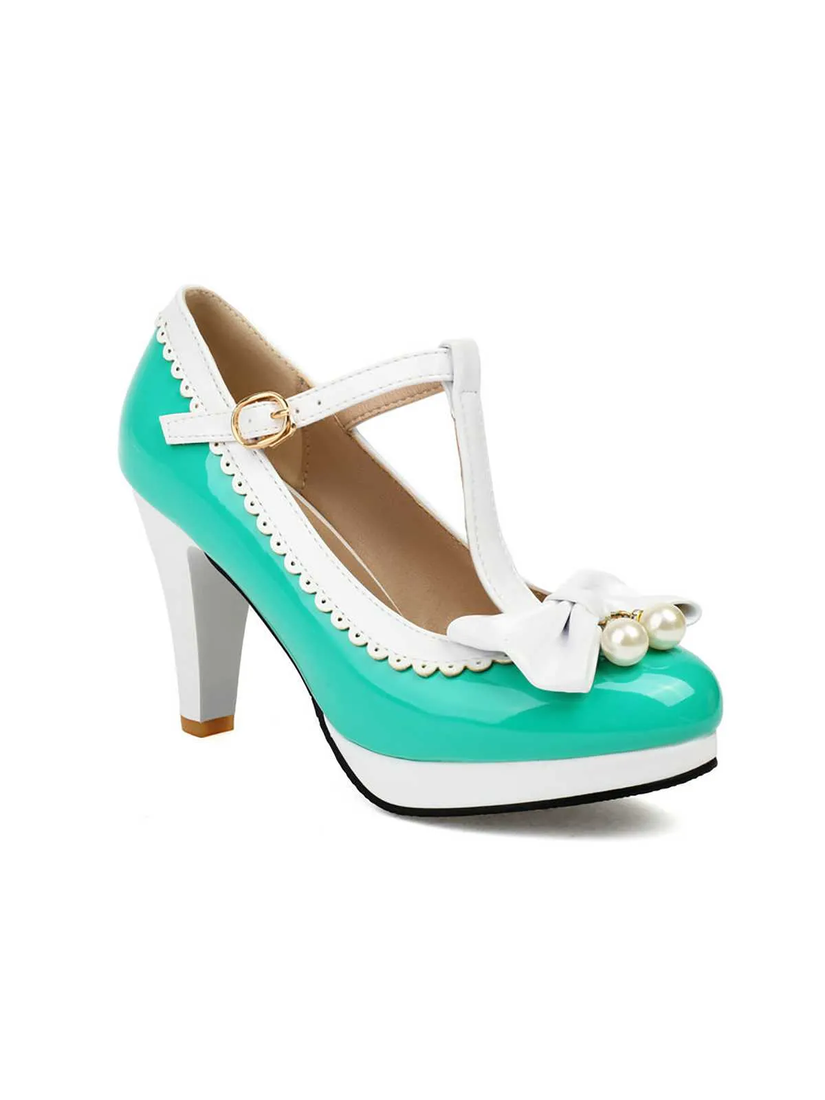 Retro Bow Pearl T-Strap Contrast High Heels Shoes