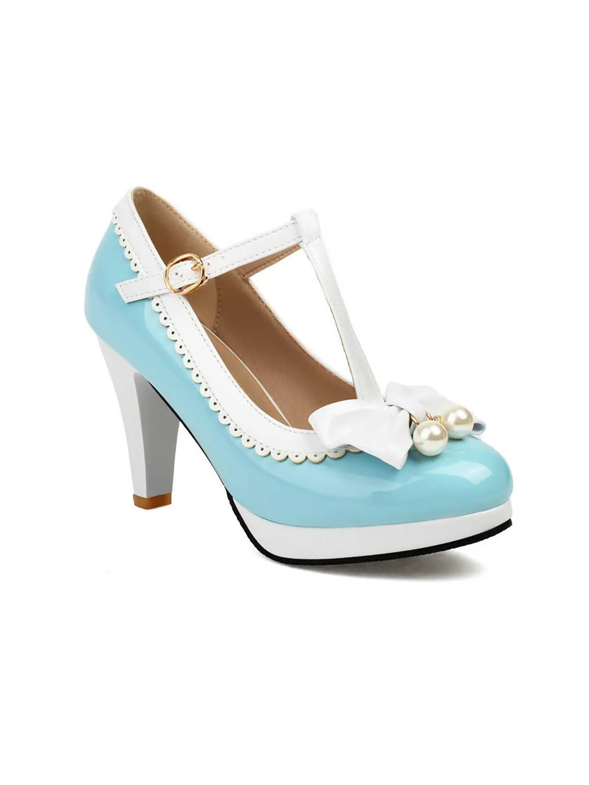 Retro Bow Pearl T-Strap Contrast High Heels Shoes