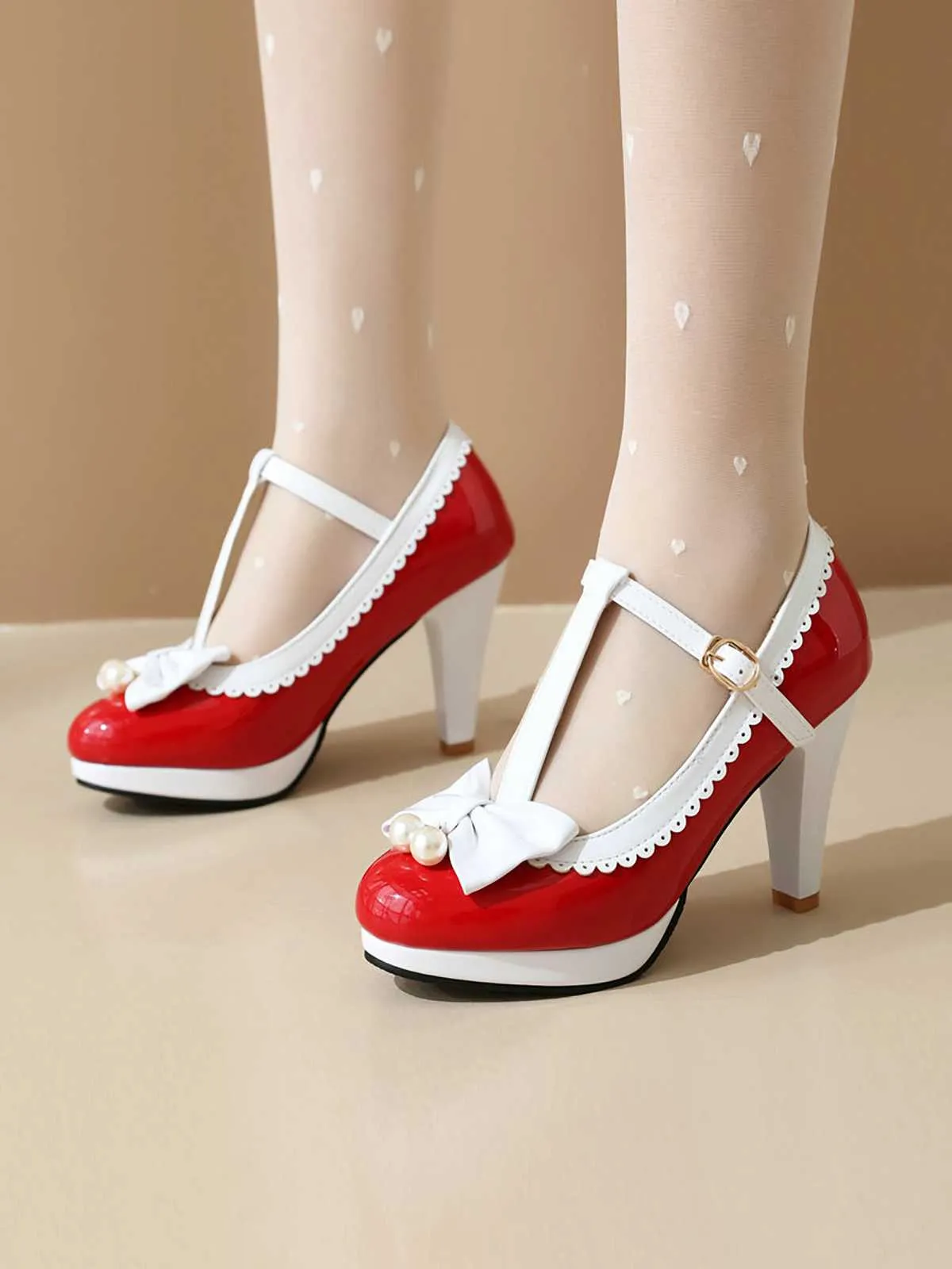 Retro Bow Pearl T-Strap Contrast High Heels Shoes