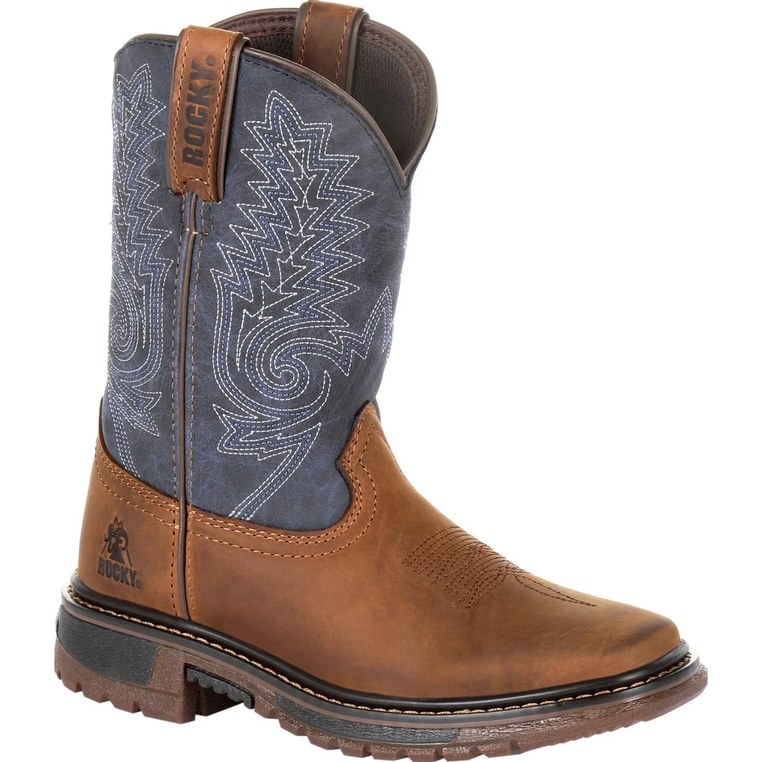 Rocky Youth Boys Denim Brown Leather Ride FLX Western Cowboy Boots