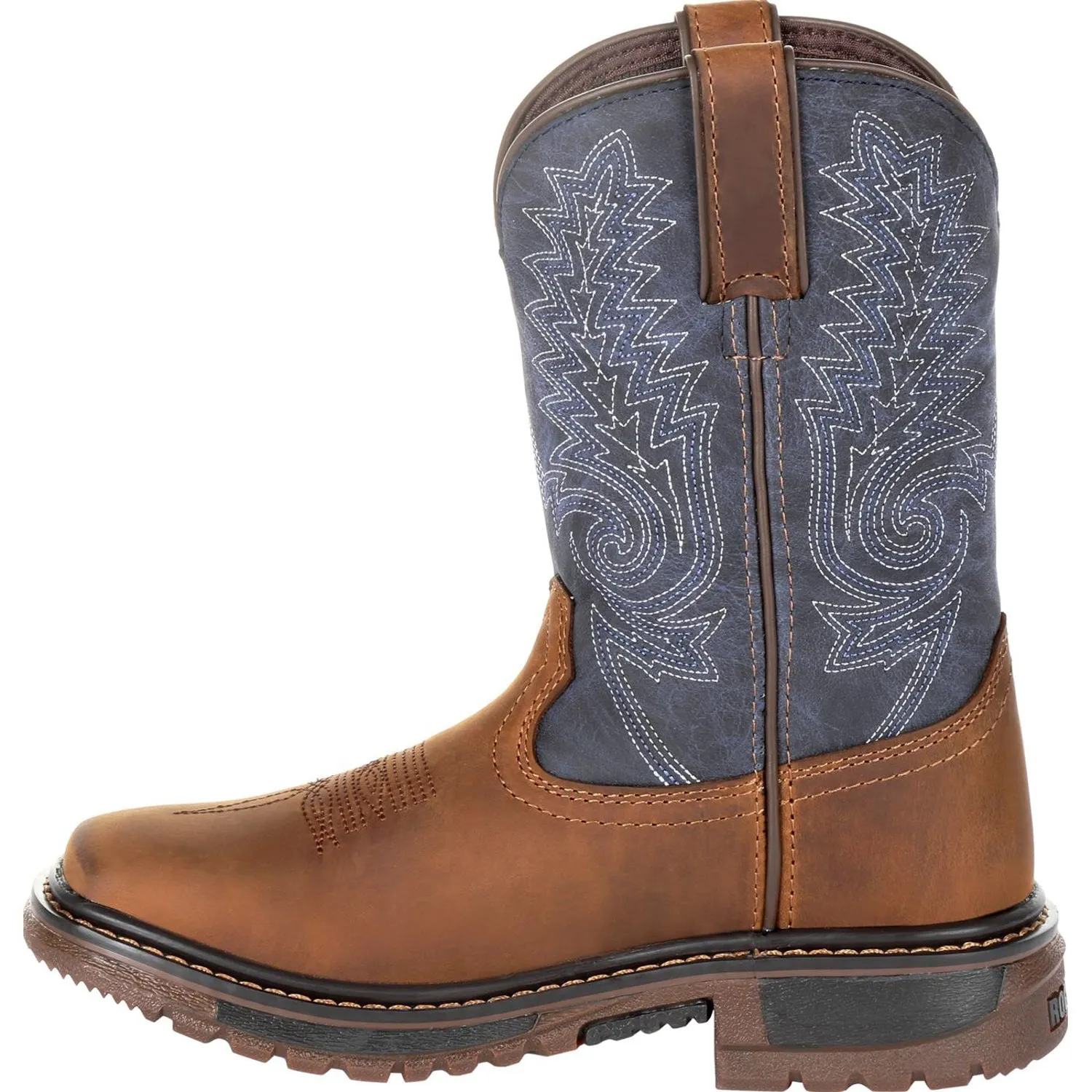 Rocky Youth Boys Denim Brown Leather Ride FLX Western Cowboy Boots