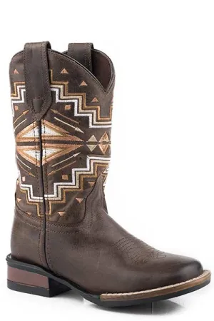 Roper Footwear Children's Brown Square Toe Boots with Aztec Embroidered Tops