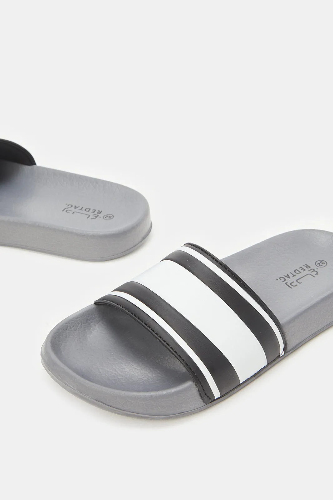 Senior Boys Grey Stripped Embossed Slides