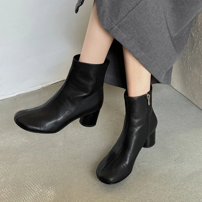 Sheepskin Slimming Boots Elegant Glove-Like Ankle Boots Cylinder Heel Back Zipper Boots