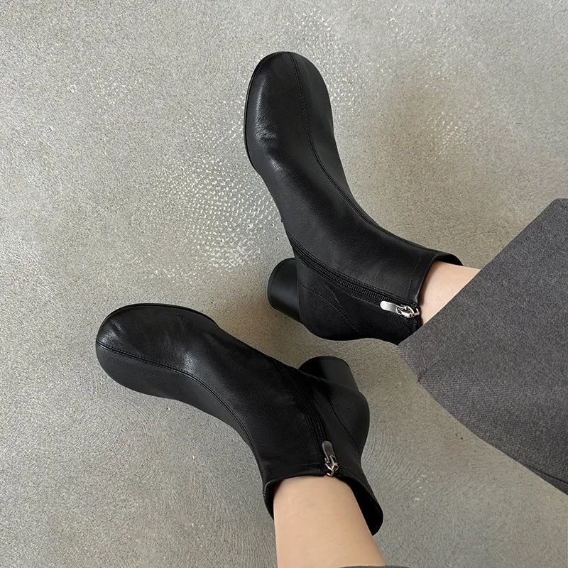 Sheepskin Slimming Boots Elegant Glove-Like Ankle Boots Cylinder Heel Back Zipper Boots