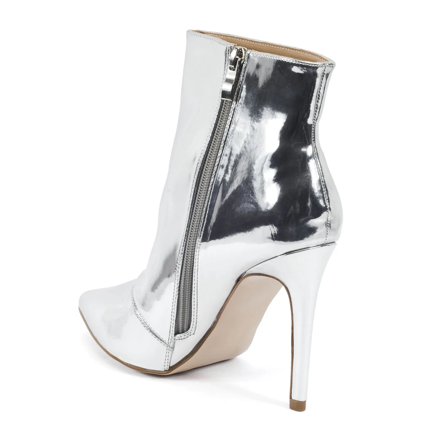 Silver Mirror Stilleto Pointed Toe Ankle Boots