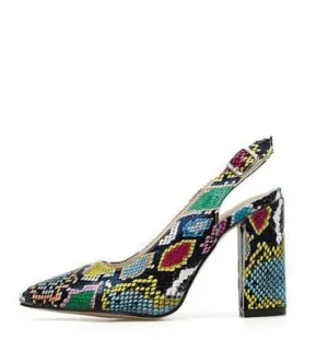 Snakeskin Print Pointed Toe Block Heel Shoes