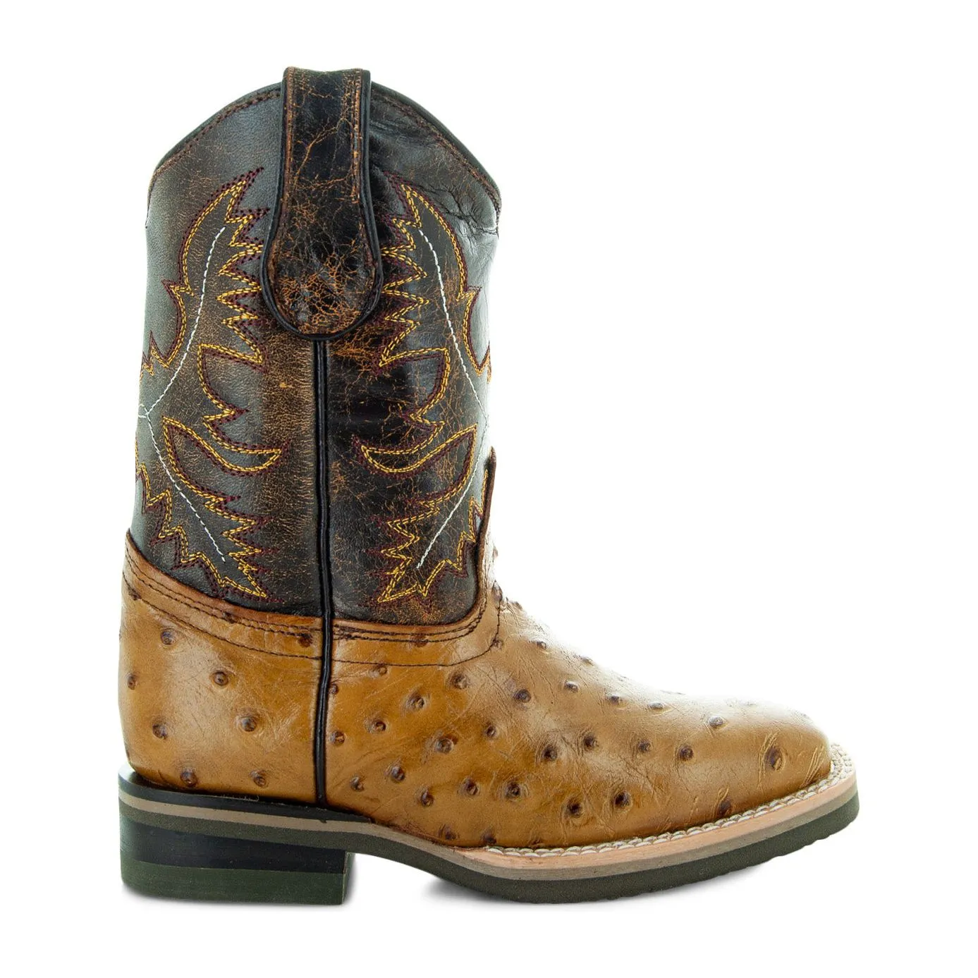 Soto Boots Kids Broad Square Toe Ostrich Print Cowboy Boots K4006