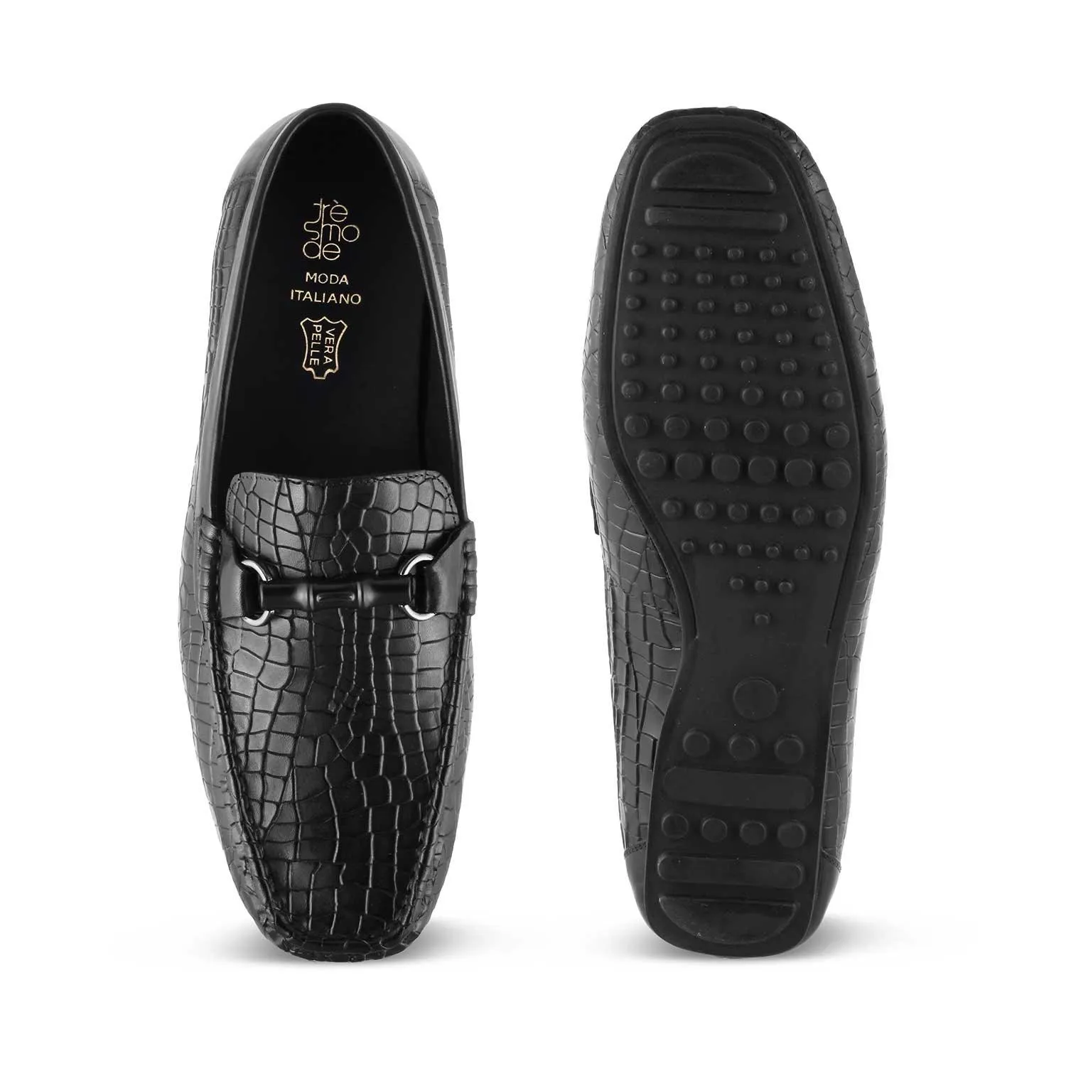 The Croter Black Men's Textured Leather Loafers Tresmode