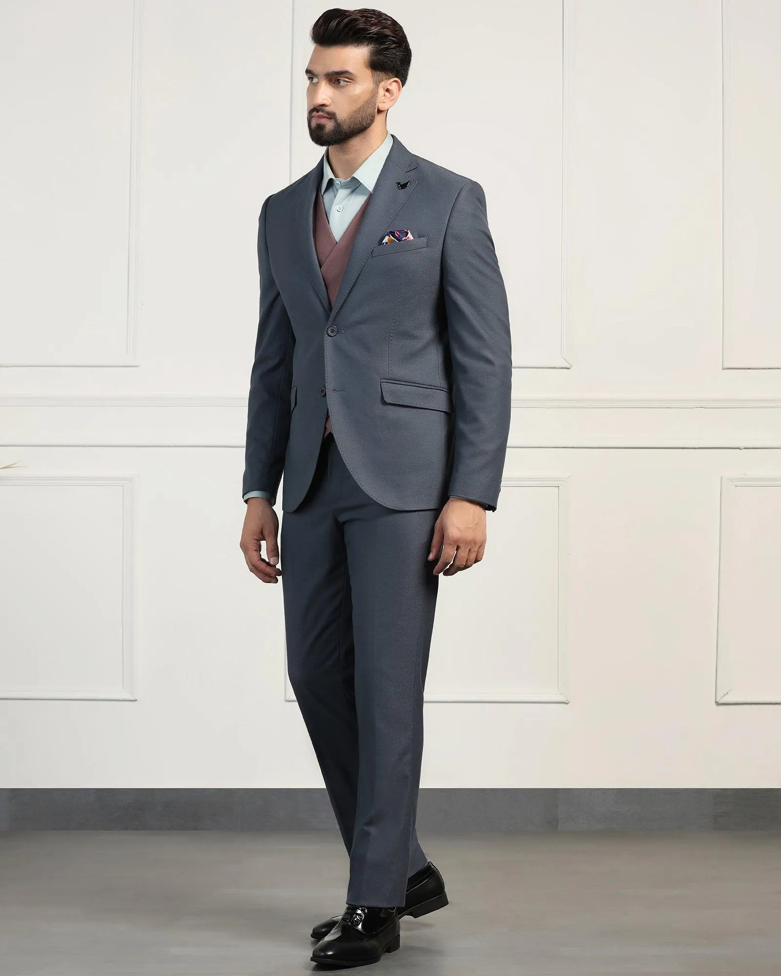 Three Piece Blue Textured Formal Suit - Donnie