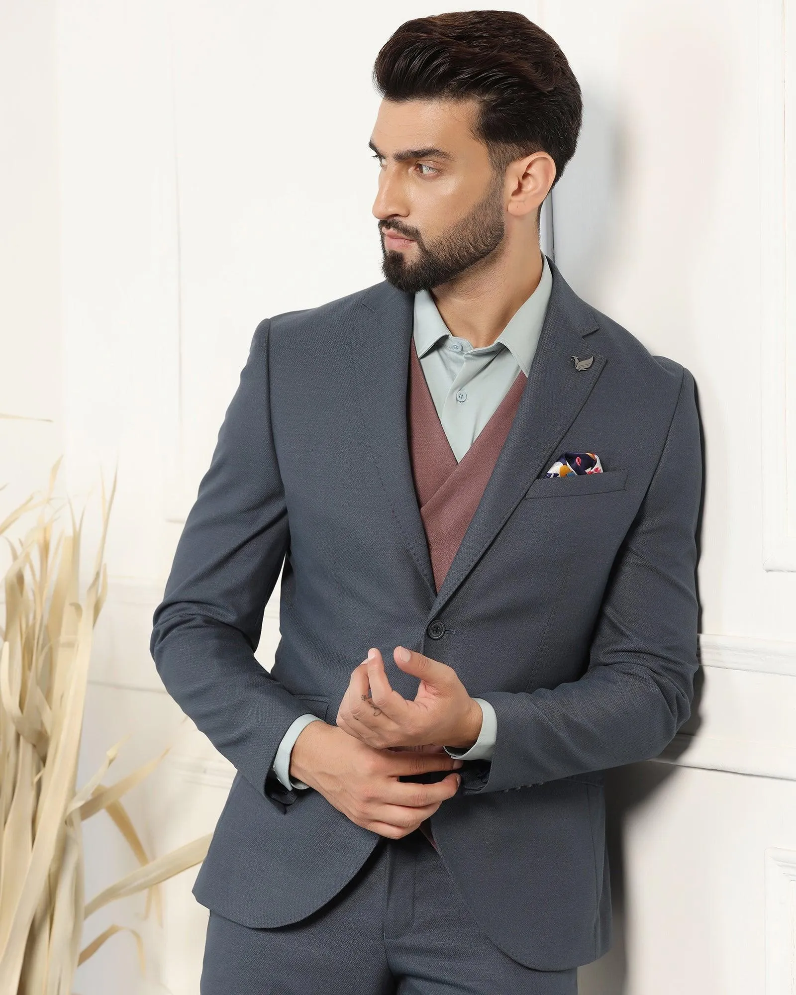 Three Piece Blue Textured Formal Suit - Donnie