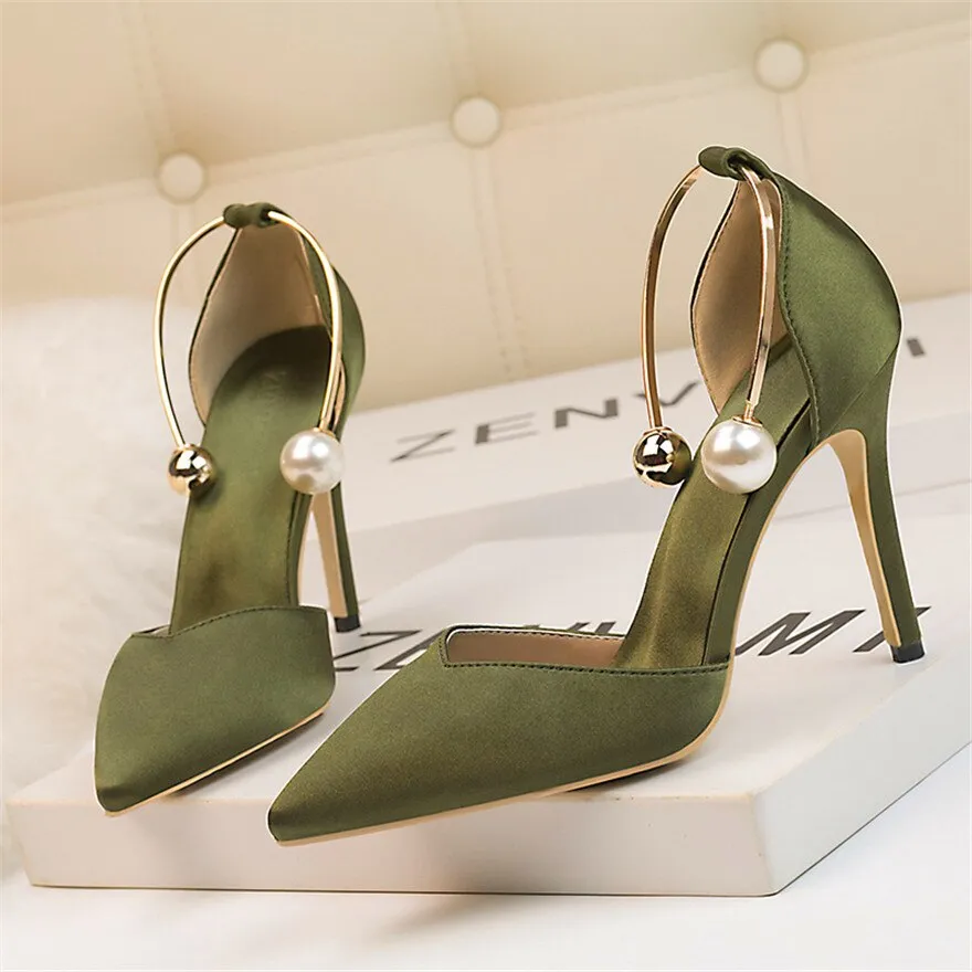 Toleet 2023 New Elegant Pearl Metal Buckle High Heels Women Sandals Korean Fashion Soft Silk Pointed Ladies Shoes Party Sandals Shallow