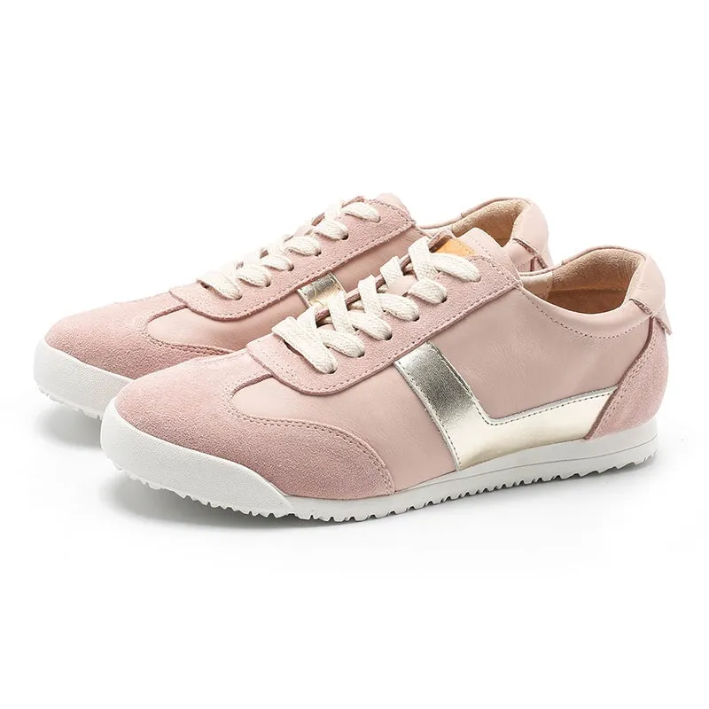 White Shoes for Women Army Trainer Leather Sneakers - Beige/Pink