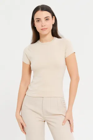 Women Ivory Round Neck Studded Detailed Top