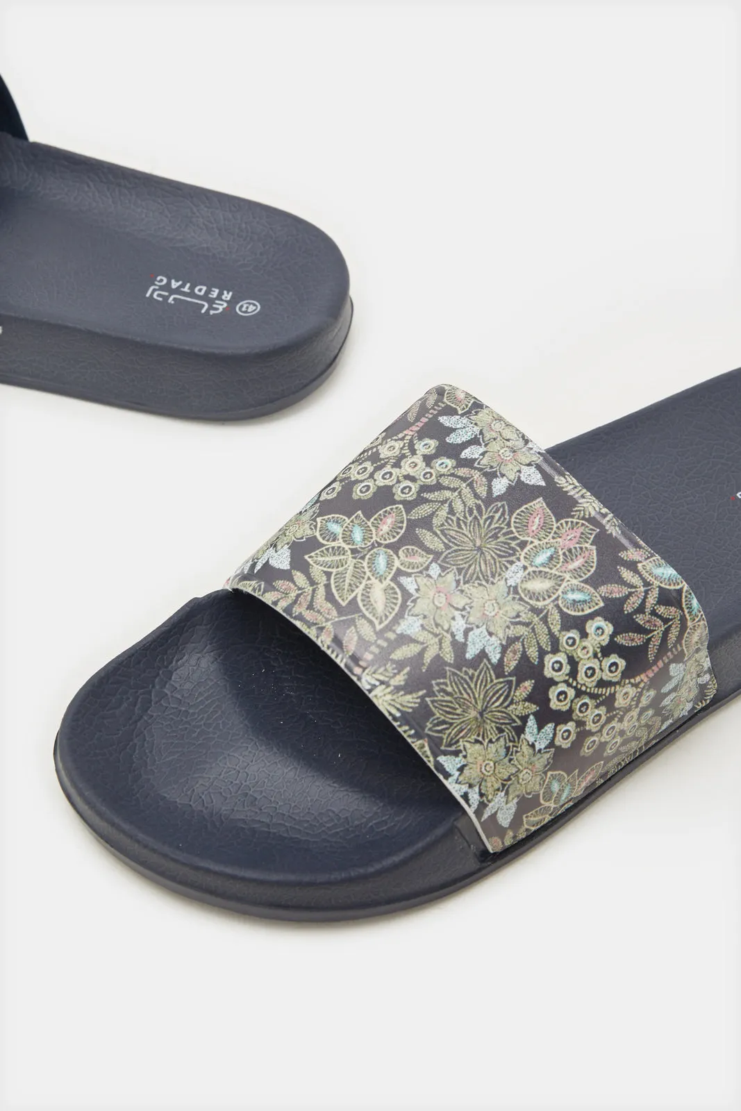 Women Navy Floral Printed Slide