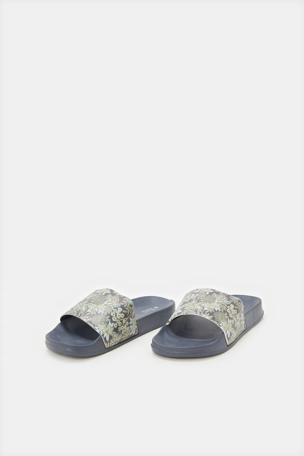 Women Navy Floral Printed Slide