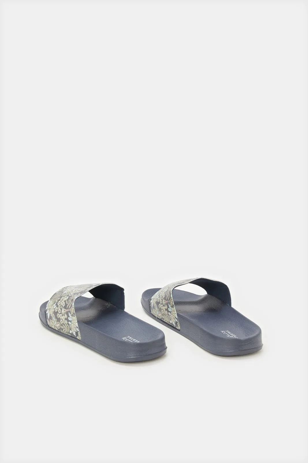 Women Navy Floral Printed Slide